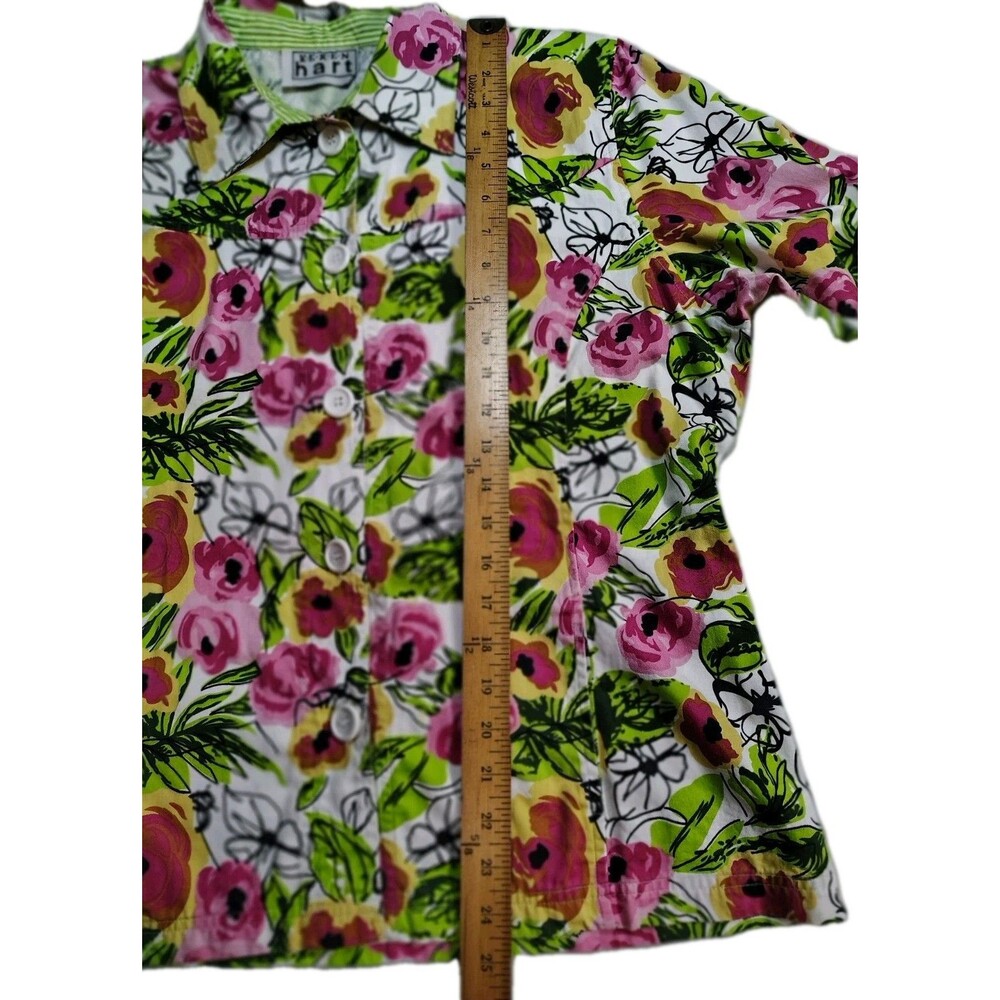 Keren Hart Floral Shacket Shirt Jacket Pockets Size L (Est) Pink Green Stripe - Picture 7 of 13